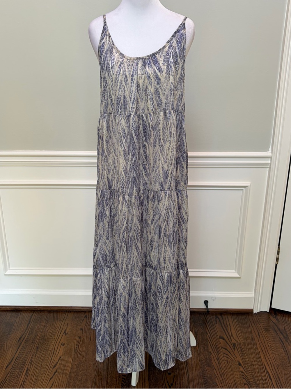 TCEC Blue and Cream Printed Chiffon Maxi Dress Fits S/M